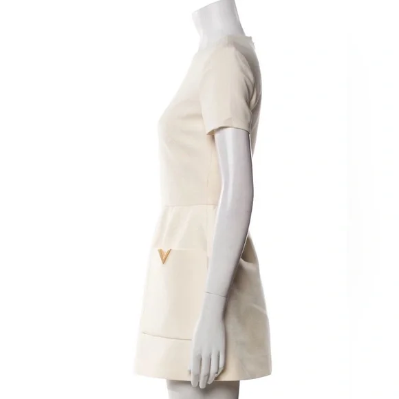 Valentino Garavani Cream Short Sleeve Mini Dress with Gold V Accents - Picture 3 of 8